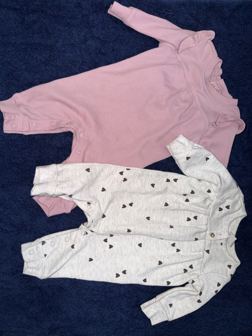 Baby Pink Ruffle Shoulder One-Piece & Gray Heart Print Romper Duo